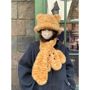 GREENHOUSES可爱小熊耳朵毛绒绒渔夫帽子女护脖防寒保暖卡通围脖