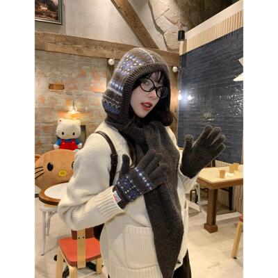 绒绘冬语~费尔岛帽围一体女保暖防风秋冬韩系百搭帽子围巾