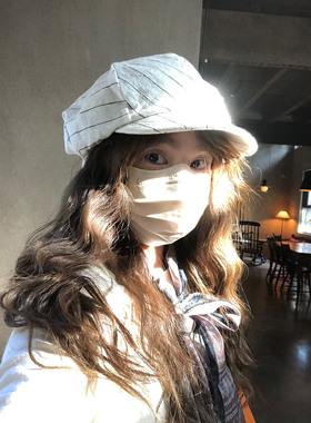 GREENHOUSES复古条纹棉麻八角帽子女新款百搭显脸小贝雷帽画家帽
