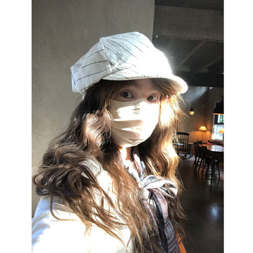 GREENHOUSES复古条纹棉麻八角帽子女新款百搭显脸小贝雷帽画家帽