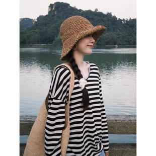 草編漁夫帽女夏季 顯臉小水桶帽子大帽檐遮陽防曬海邊草帽 透氣韓版