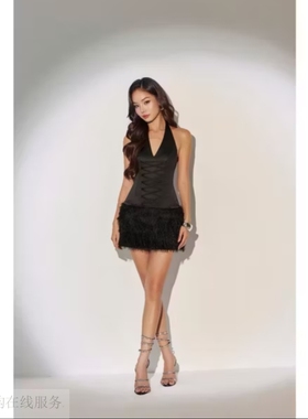 越十年越南小众gout新款法式复古优雅气质挂脖绑带毛毛边连衣裙