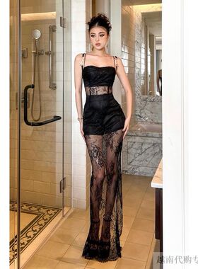 越南MAEL FEMME 女式透视网纱蕾丝吊带性感黑色连衣裙 HERA长裙