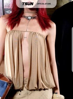 越十年越南小众Tsun新款性感辣妹风网纱拼接抹胸背心