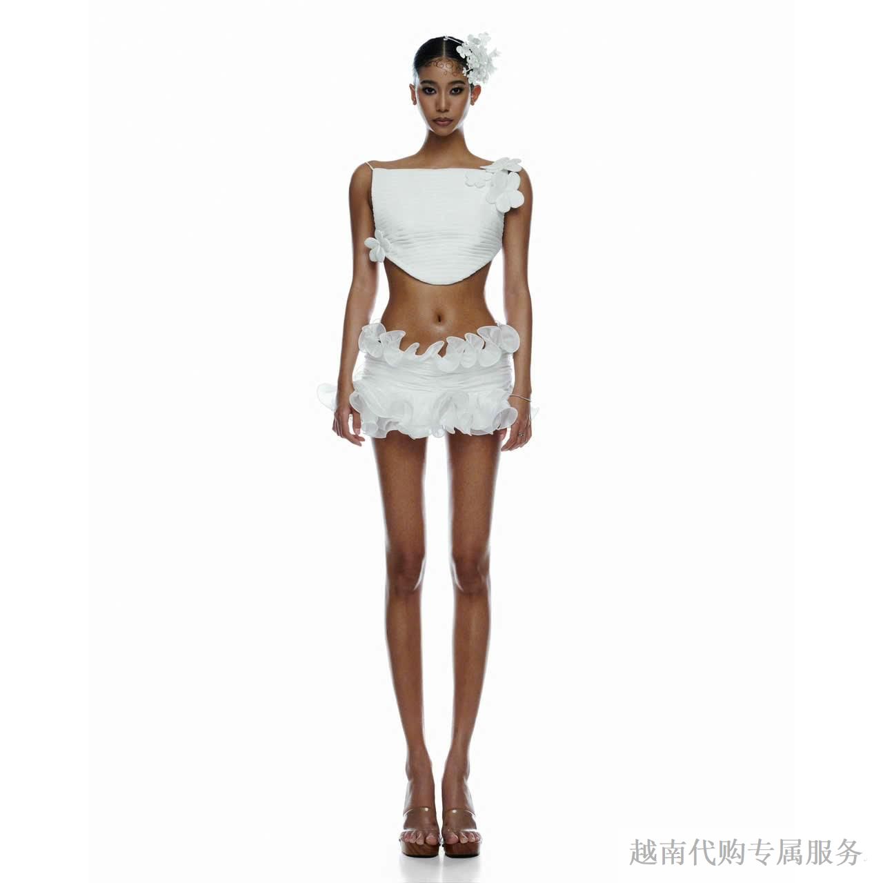 越十年越南小众ibiboss新款纯欲风花朵露背上衣性感半身短裙套装