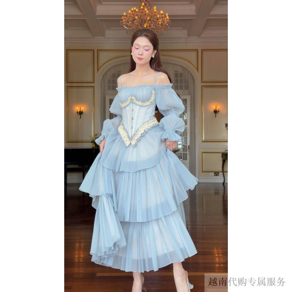 越十年越南小众so vintage甜美可爱时尚气质一字肩蓬蓬蛋糕礼服裙