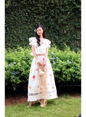 越十年越南小众ononmade甜美可爱印花荷叶边翻领短袖半身裙套装