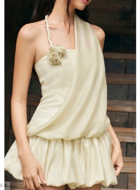 越十年越南小众gout新款甜美露斜肩立体花挂脖花苞蓬蓬连衣裙