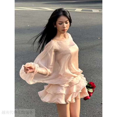 越十年越南小众Gout新款甜美公主风荷叶边喇叭袖长袖飘逸连衣裙