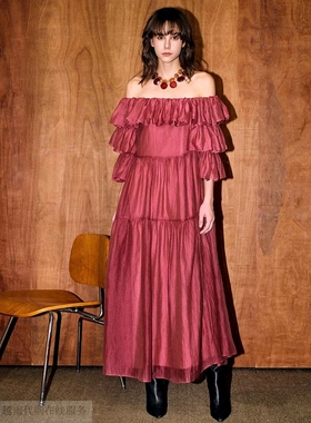 越十年越南小众ran新款法式复古优雅气质一字肩荷叶边连衣裙