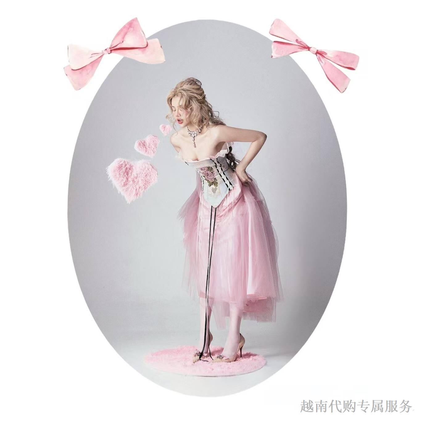 越十年越南小众品牌Boutiques新款网纱蓬蓬裙束腰系带抹胸裙