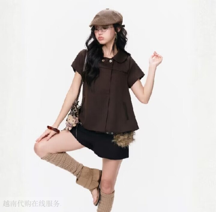 越十年越南小众tubycatu新款甜美风翻领短袖衬衫+后拉链短裤套装