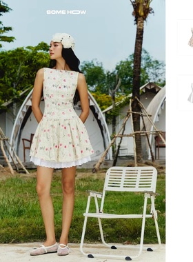 越十年越南小众somehow新款甜美可爱碎花无袖蝴蝶结背心连衣裙