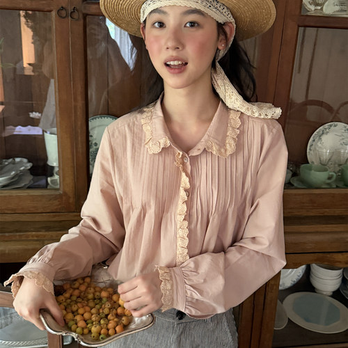 MC烟灰粉风琴褶长袖衬衫