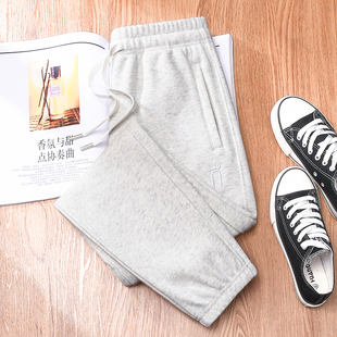 灰白色加绒运动裤女秋冬加厚拉链口袋休闲显瘦灯笼裤九分束脚卫裤