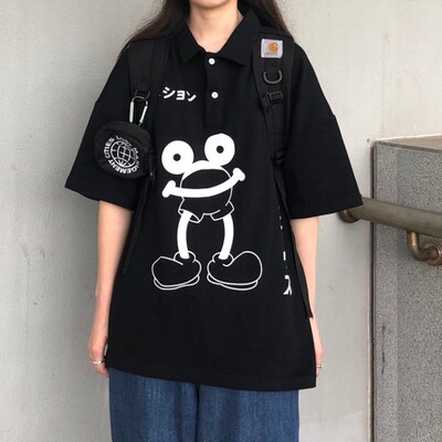 3235-P32 夏天韩版ins复古卡通印花polo领宽松学生短袖T恤男女