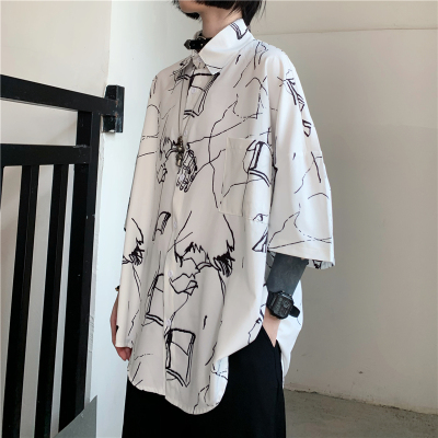 3317-P42 韩国ins夏天复古潮流衬衫短袖男女衬衣手绘图案印花