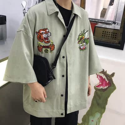 3026-P40 复古中国风龙老虎头刺绣OVERSIZE衬衫男女宽松短袖衬衣