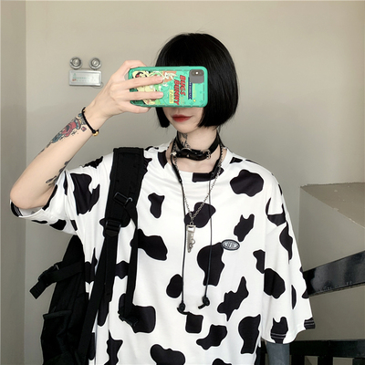 3499-P28 韩版ins超火网红奶牛印花T恤潮流男女T恤宽松半袖