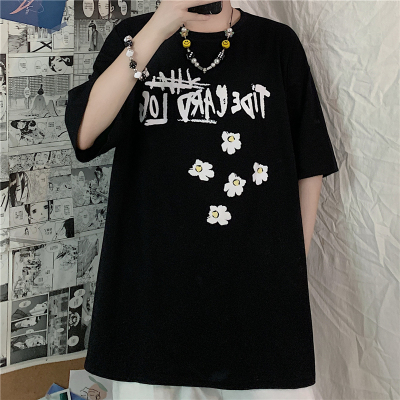 4231-P32 韩版ins原创复古超火小菊花印花宽松T恤短袖学生男