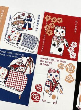 现货日本制日式捺染福猫四字熟语成语布画室内装饰多功能挂画门帘
