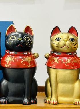 日本制古色复古招财猫陶器摆件