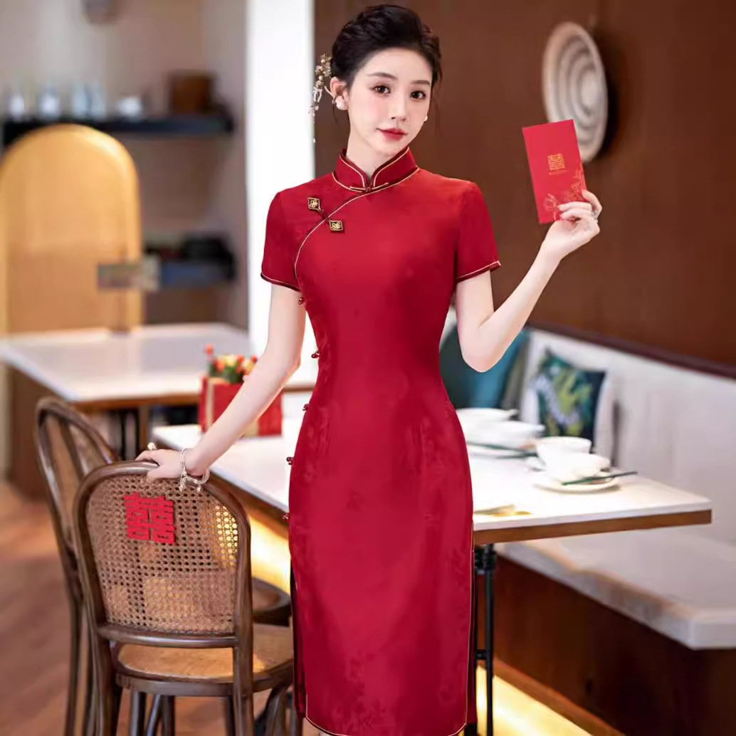 高端红色中式真丝喜妈妈旗袍2025新款交织桑蚕丝喜婆婆婚宴装礼服