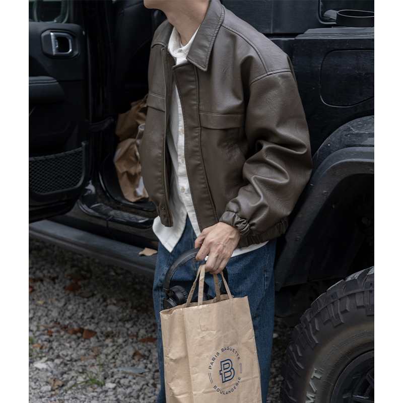 肌理感几立小清新翻领拉链皮衣