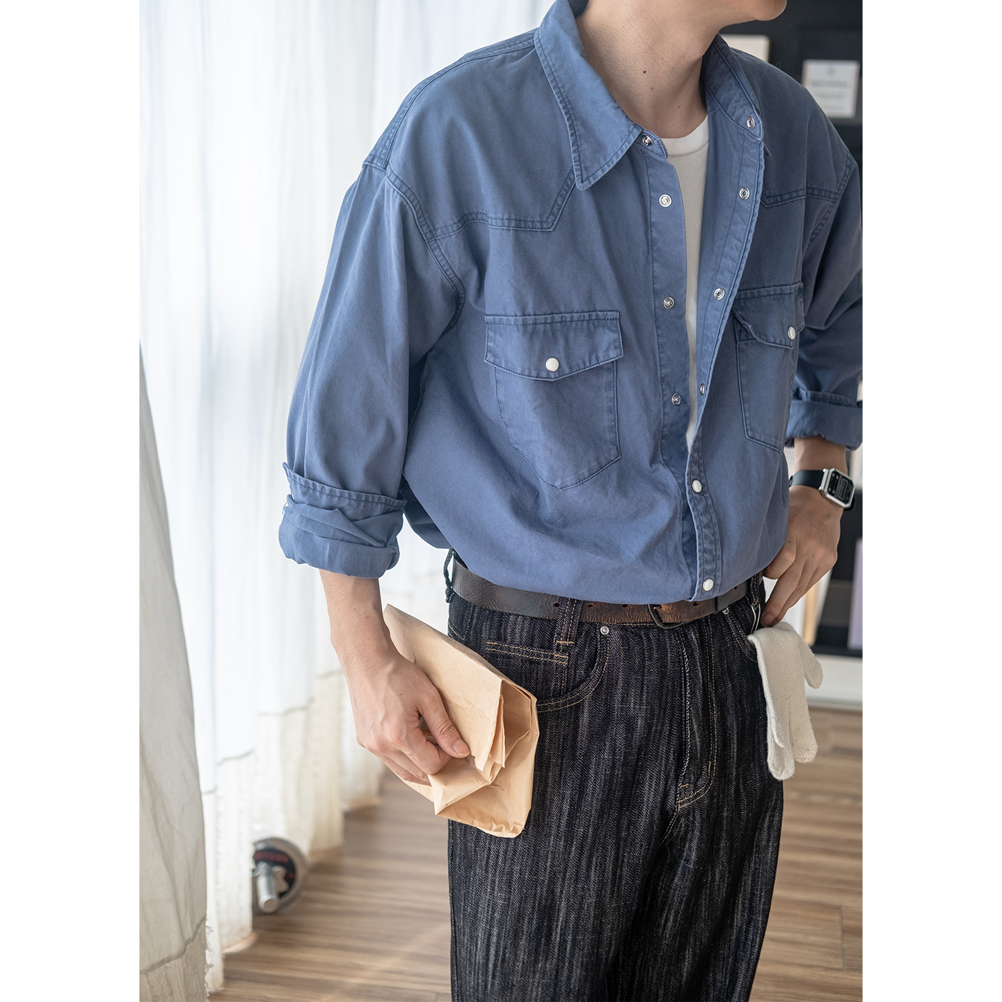 几立可洗褪工装口袋长袖衬衫