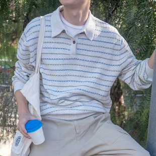 【彩色波浪线】几立 彩色细条纹polo领宽松短款毛衣薄款针织衫