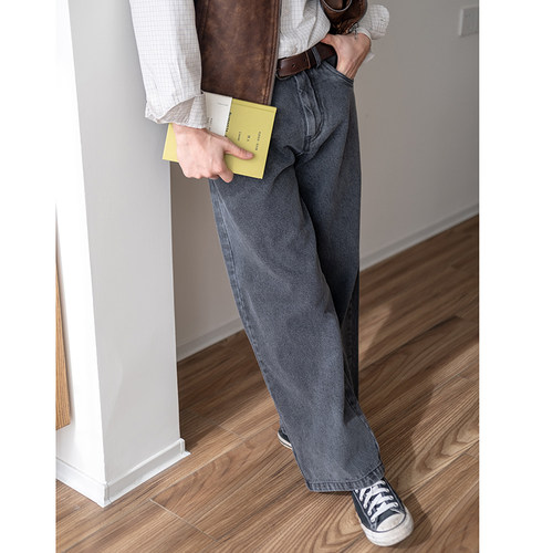 几立双色拉绒水洗做旧感牛仔长裤