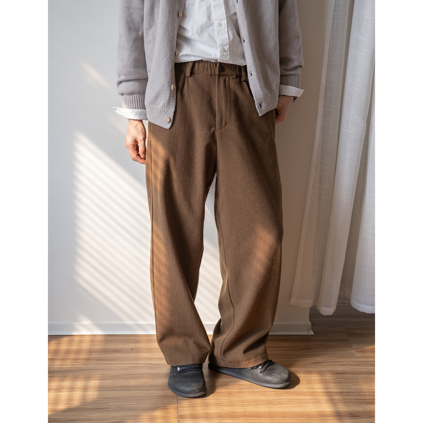 几立宽松直筒毛呢休闲裤