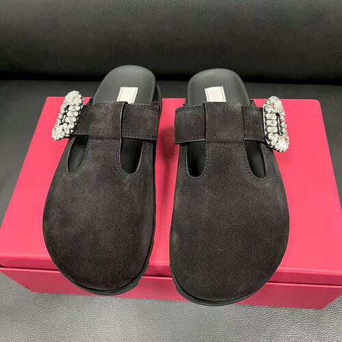 高品质rv女鞋25年新款勃肯鞋水晶钻扣真皮半拖复古摩登包头拖鞋