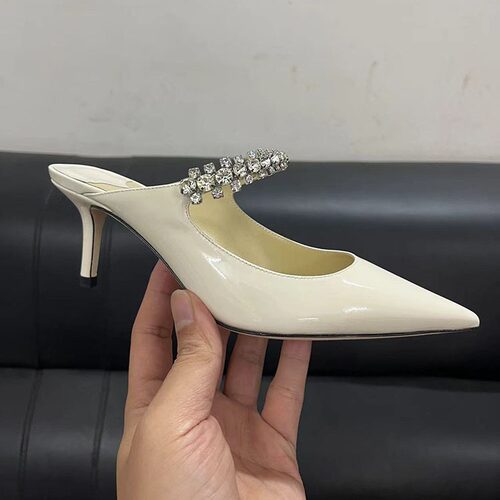 外贸高品质水钻链条一字带高跟平底半拖穆勒鞋真皮今天浅口凉拖鞋