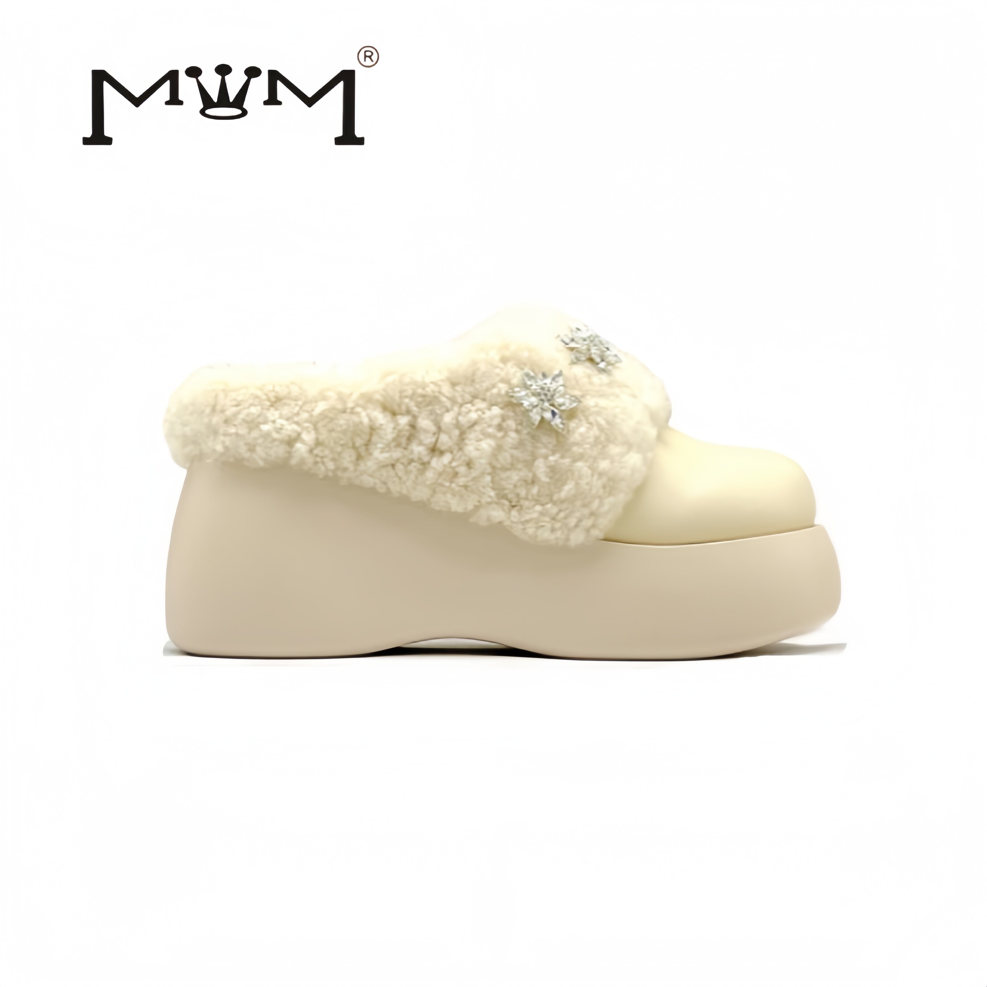 天禧暖冬~8cm水钻羊羔毛厚底包头拖 原创设计2025秋冬软羊皮防滑