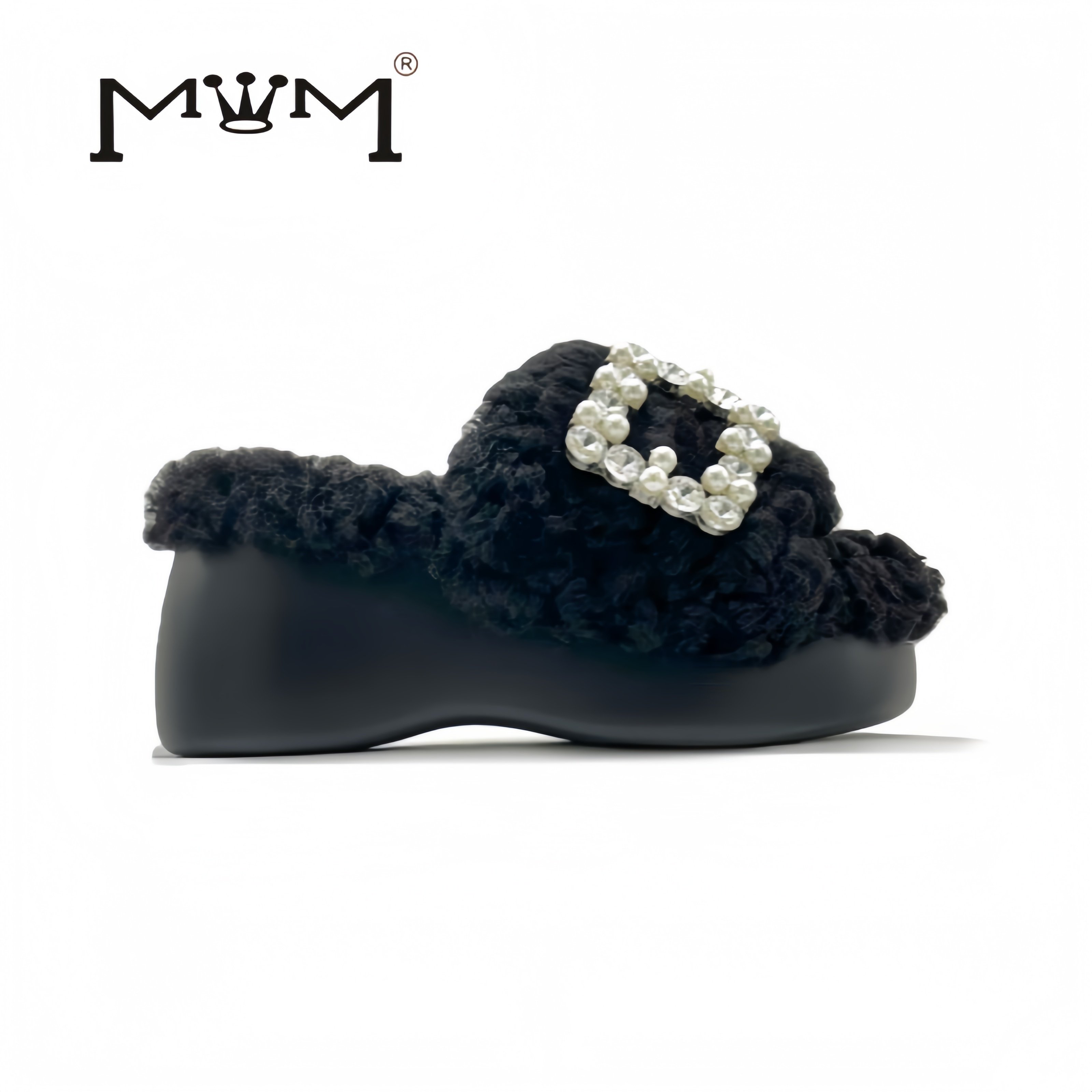 富家千金~珍珠水钻羊毛厚底拖鞋 2025气质穿搭洋气松糕底一字拖,女鞋,一字拖,淘宝优惠券,粉丝福利购,淘宝优惠卷