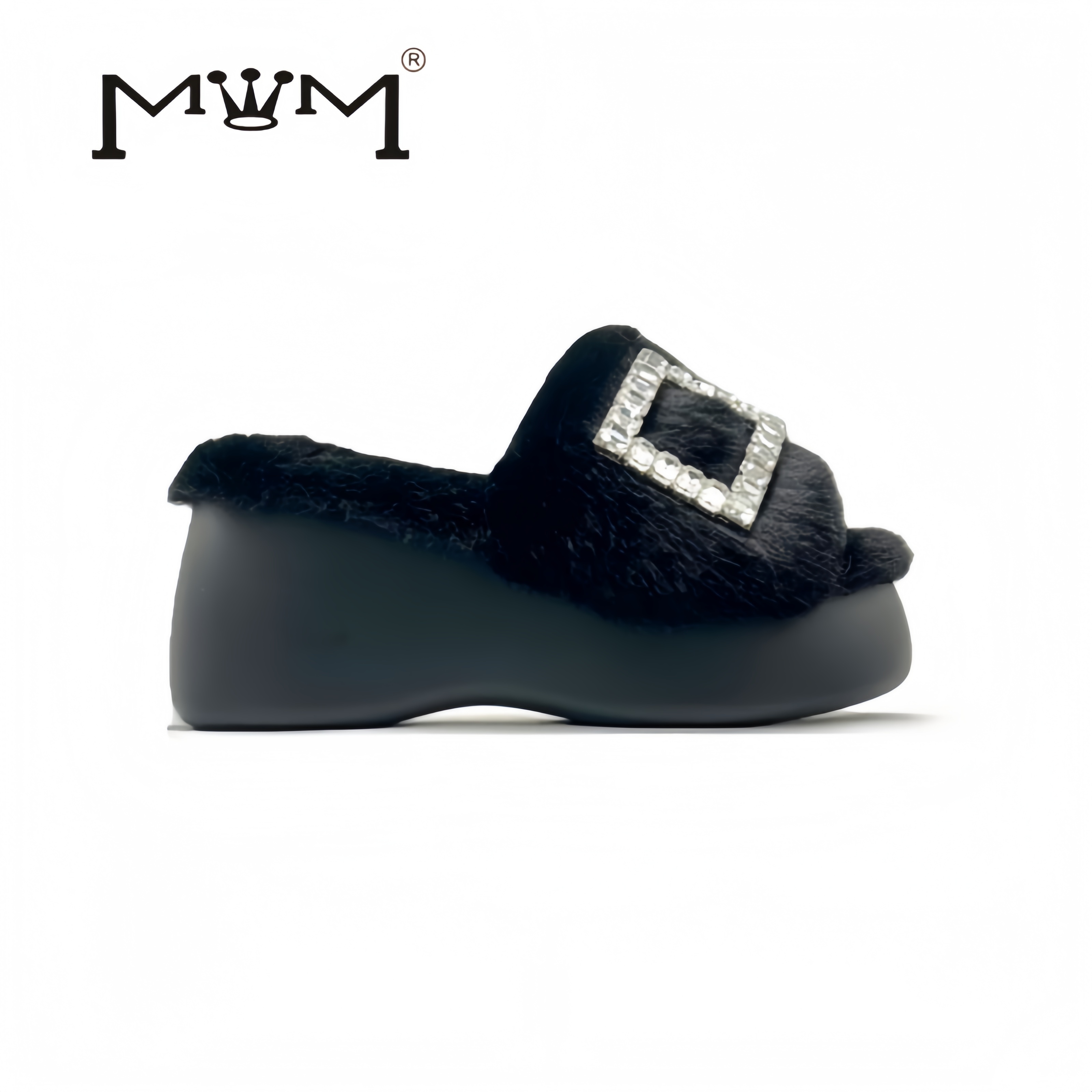 王晓晓8cm兔毛法式方扣厚底拖鞋