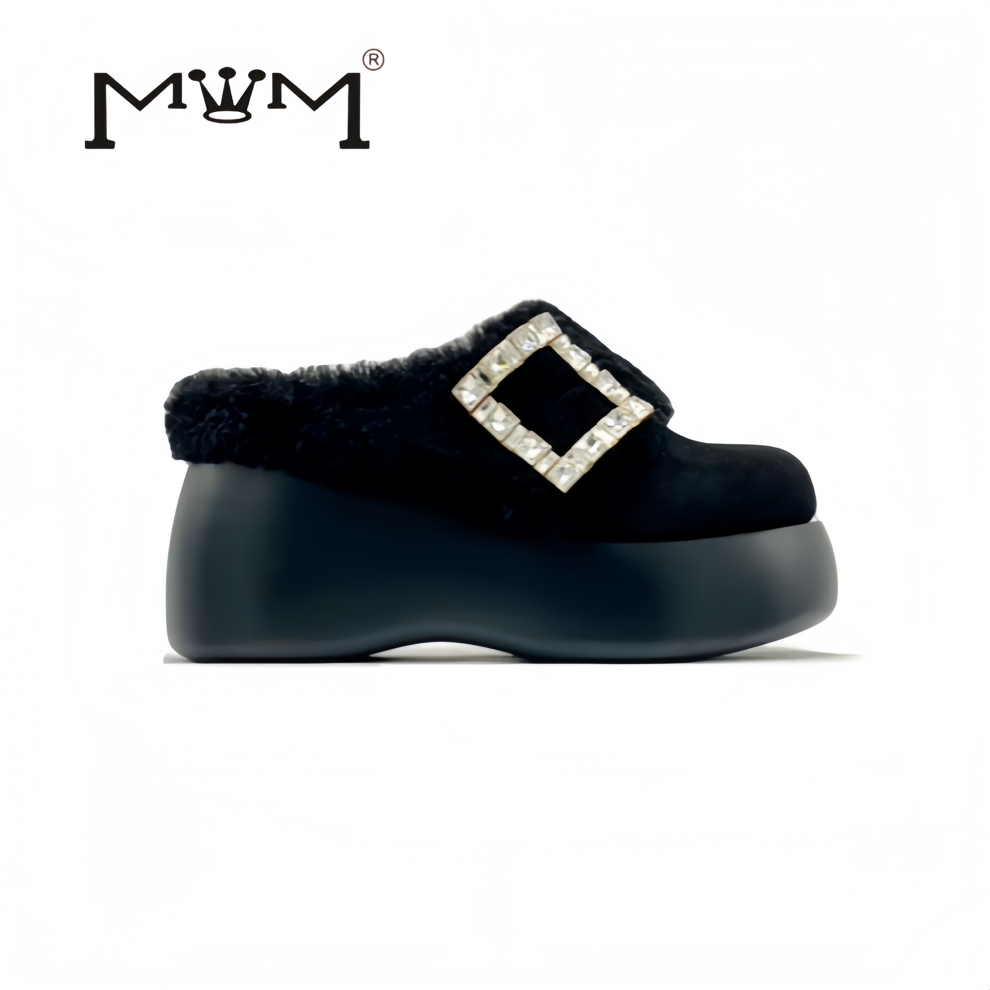 王晓晓8cm水钻羊羔毛厚底包头拖