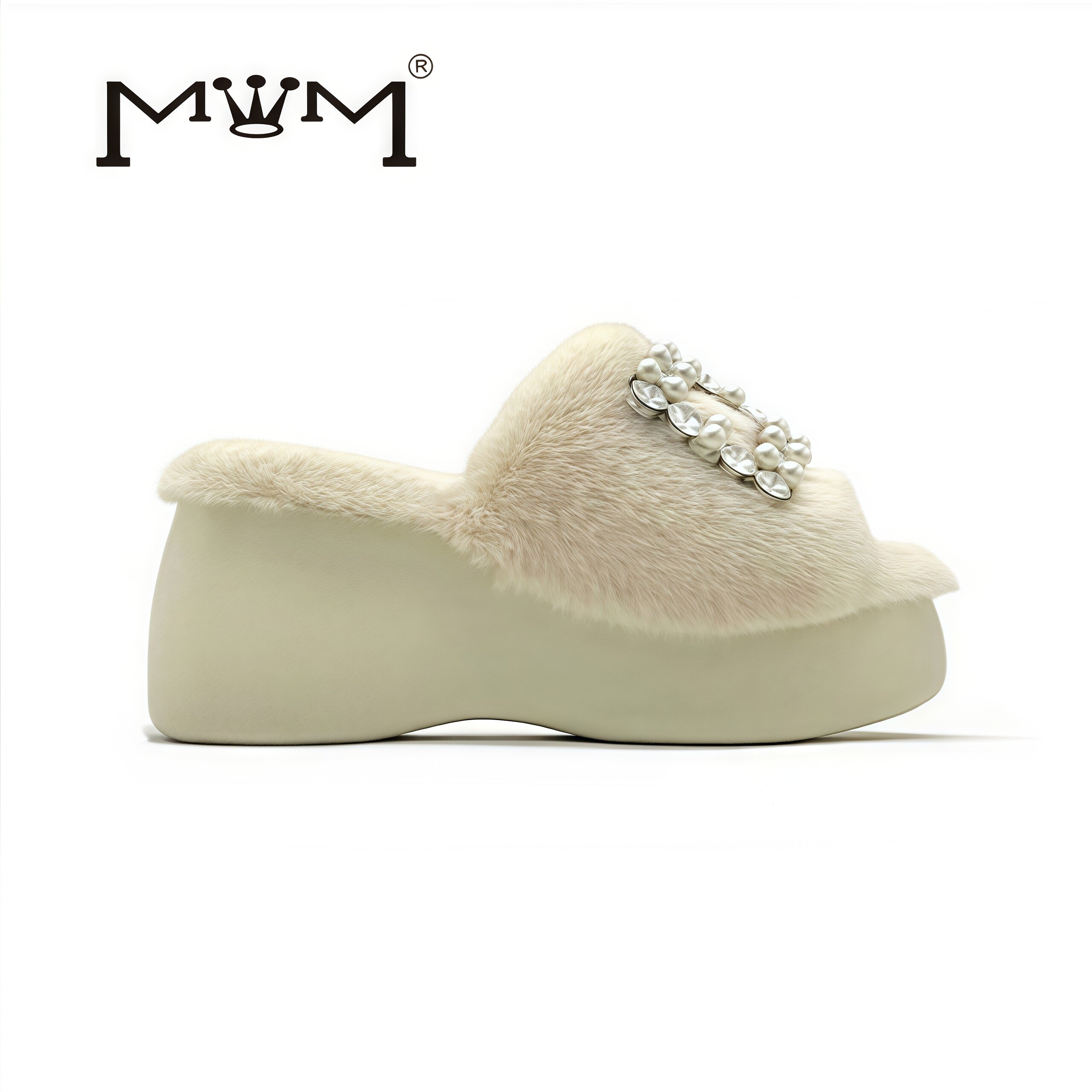 枫丹漫谷~8cm兔毛水钻厚底拖 原创设计2025秋冬珍珠方扣法式轻奢