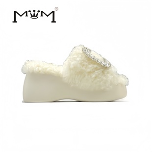 雪霜银月~8cm羊卷毛水钻厚底拖鞋 2025秋冬轻奢法式毛毛一字拖女