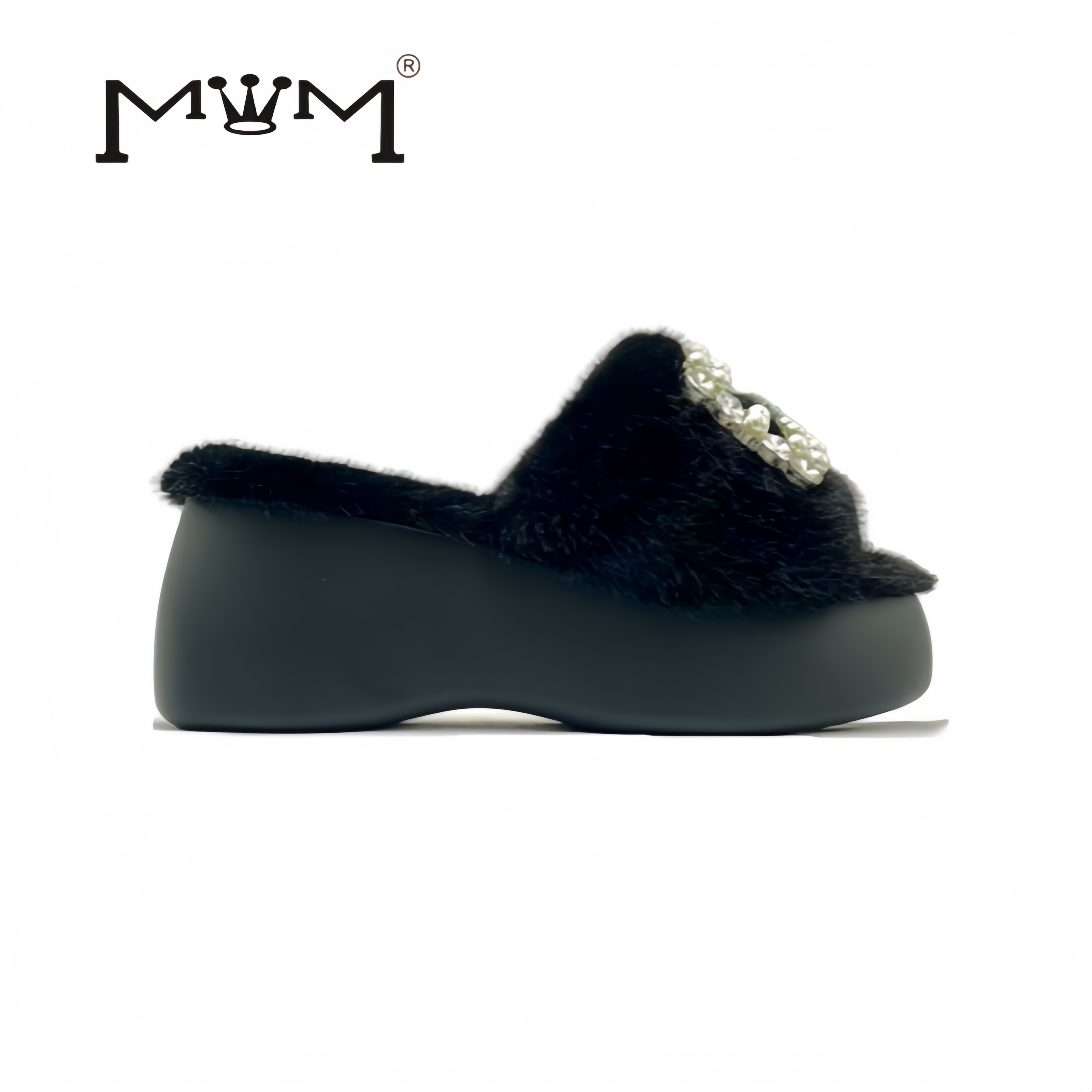 王晓晓8cm水钻兔毛厚底拖鞋防滑