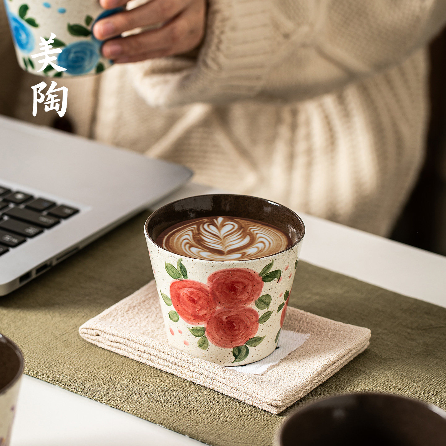 景德镇粗陶复古手绘玫瑰花卉咖啡杯陶瓷猪口杯拉花杯高颜值女生杯