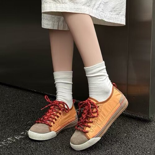 橙红色复古做旧帆布鞋女2026新款ins小众脏脏鞋休闲百搭低帮板鞋