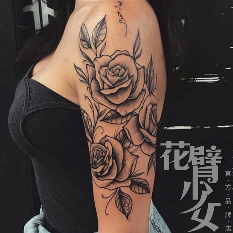 花臂少女tattoo d145 复古黑白玫瑰花朵叶子花臂纹身贴 防水 刺青