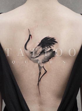 花臂少女TATTOO Z42 黑白丹顶鹤仙鹤后背纹身贴 满2张包邮