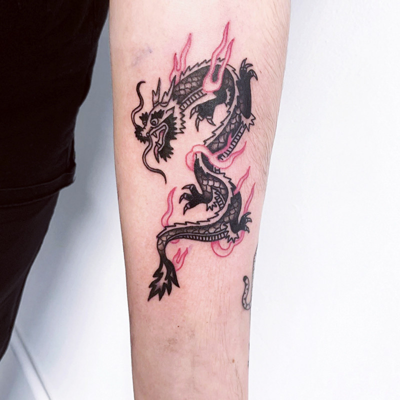 花臂少女tattoo 332  ins日系暗黑粉色火焰黑龙酷girl手臂纹身贴