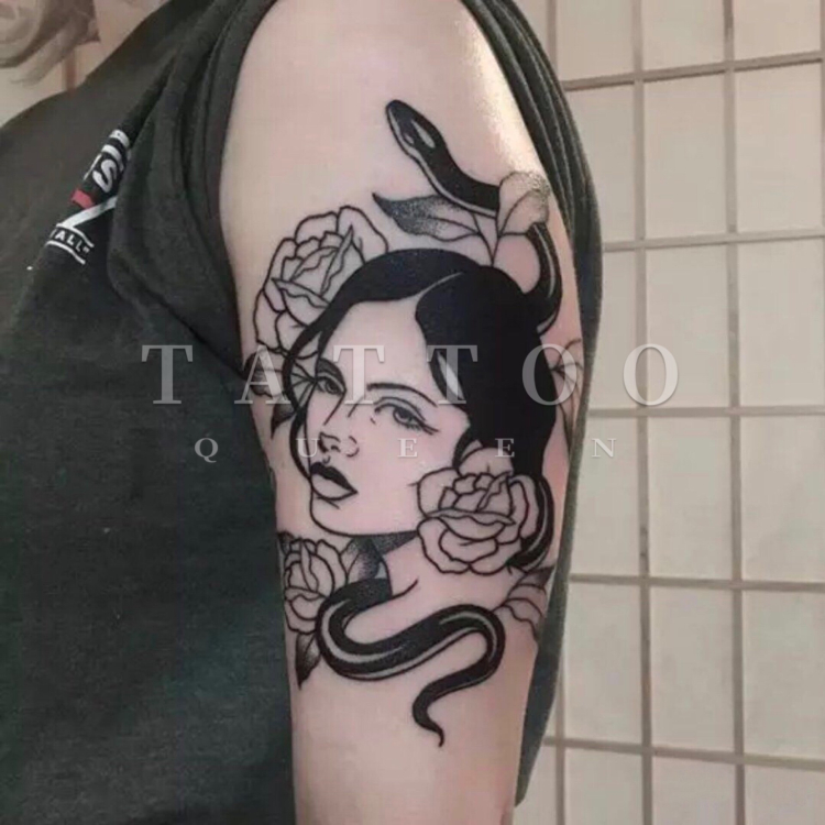 花臂少女TATTOO D138暗黑女人花朵与黑蛇纹身贴满2张包邮