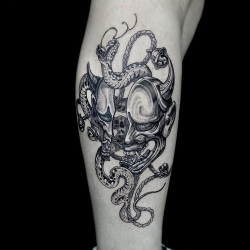 花臂少女TATTOO X321日系黑蛇班诺面具铃铛暗黑系酷girl纹身贴