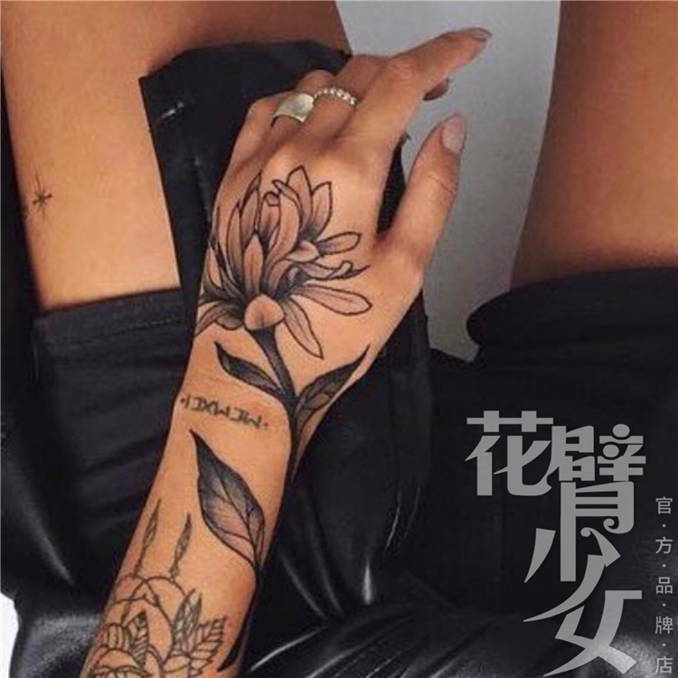 花臂少女TATTOO X38暗黑手背花朵叶子手腕纹身贴满两张包邮