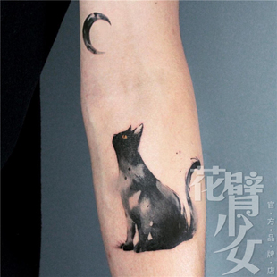 X124 暗黑风 黑白猫咪 一张两个 花臂少女TATTOO 月牙月亮 纹身贴